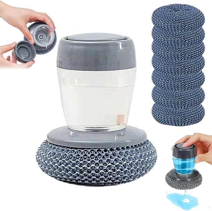 Comfort Grip Soap Dispensing Kitchen Scrub, Kitchen Scrub Brush with Built-in Soap Dispenser Without Soap, Replaceable Nylon Bristles, Non-Slip Handle for Cleaning Dishes (1+7pcsReplacement Parts)