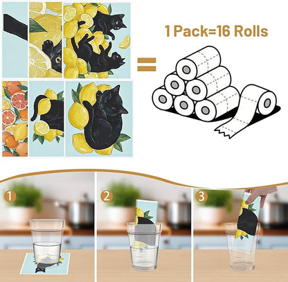 Swedish Dishcloths for Kitchen, 6 Pack Lemon and Balck Cat Reusable Dish Paper Hand Towels Housewarming Gifts, Summer Absorbent Dish Rags for Home Cooking Cleaning