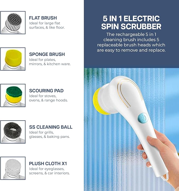 Electric Scrubber, Handheld Cleaning Brush, Includes 5 Replaceable Heads, Bathroom, Kitchen, Floor, Dish, Shoe, Glass - Multifunctional Home Accessory