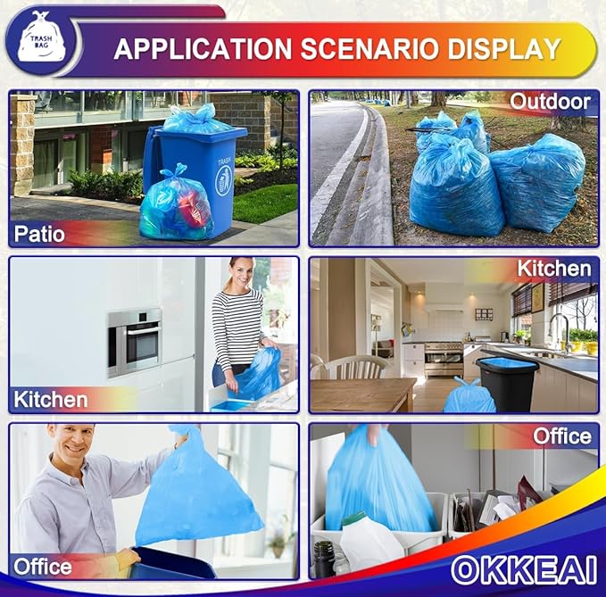 OKKEAI 8 Gallon Kitchen Trash Bags Blue Garbage Bags Strong 30L Trash Can Bags Medium Wastebasket Bin Liners for Home Office, Lawn,Bathroom,60 Count (Fits 7-10 Gallon Bins)