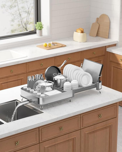 Kitsure Dish Drying Rack - Expandable Stainless Steel Dish Racks for Kitchen Counter, Auto-Drain Drying Rack for Kitchen with Cutlery Holder & Non-Slip Feet, 16.1-26.6" L x 12.6" W, Grey