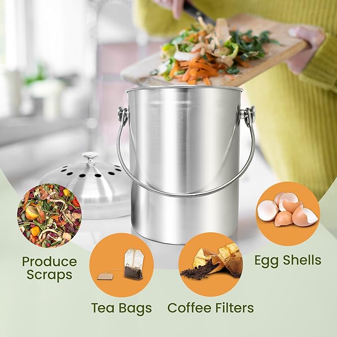 Reli. Countertop Compost Bin with Lid (1.3 Gallon) | Compost Bin Kitchen | 2 Charcoal Filters | Countertop Composting Bucket, Stainless Steel | Food Waste, Composting | Ergonomic Handle, Odorless