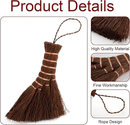 Fasmov 3 Pack Bonsai Broom Brush, Natural Straw Broom with Embroidery Nylon Thread Handle with Hanger, Whisk Broom Hand Brush Car Broom for Cleaning Dustpan Desktop