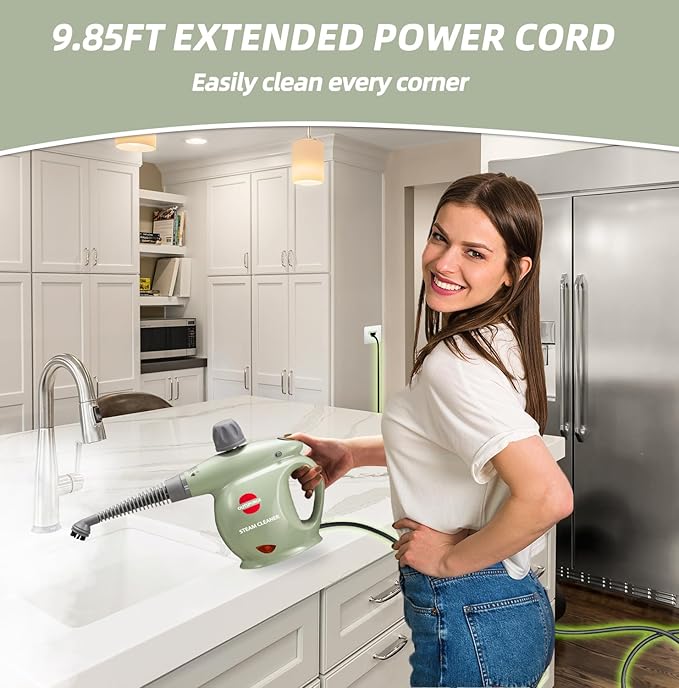 Handheld Steam Cleaner, Pressurized Multi-Surface Steam Shot with 13 Accessories, Safety Lock, Steamer for Cleaning Floor, Upholstery, Grout, Windows, Couch and Car, Green