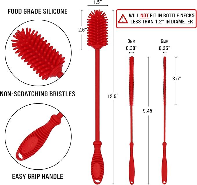 Kitchiny Silicone Bottle Brush with 2 Straw Cleaners - 12.5” Water Bottle Cleaner Brush for Yeti, Hydro Flask, Owala, Stanley, Baby Bottles, Glassware, Vases & Narrow Neck Containers - Red