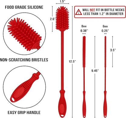 Kitchiny Silicone Bottle Brush with 2 Straw Cleaners - 12.5” Water Bottle Cleaner Brush for Yeti, Hydro Flask, Owala, Stanley, Baby Bottles, Glassware, Vases & Narrow Neck Containers - Red