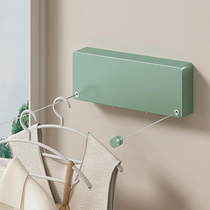 Retractable Clothesline Indoor, Non-Sagging Clothes line retracting Outdoor, Heavy Duty Wall Mounted Laundry Line Adjustable Stainless Steel for Laundryroom, Bathroom, 15.8 Feets Double Lines Green
