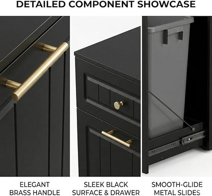 13 Gallon Pull Out Trash Can Cabinet with Drawer, Hidden Kitchen Garbage Cabinet, Freestanding Modern Farmhouse Waste Bin Furniture, Black