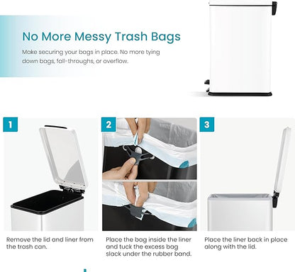 Home Zone Living 4 Gallon Slim Kitchen Trash Can with Soft Close Lid and Step Pedal, Matte White Stainless Steel Wastebasket with Removable Bucket
