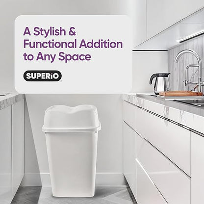 Garbage Cans with Swing Top-Split Lids, 2 Pack | Large Kitchen Trash Cans with Lids | Durable Plastic |Slim & Sturdy Trash Bins | Fingerprint Resistant | 13 Gal / 50 qt / 50 L - White | Superio
