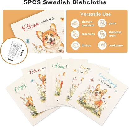 wlich 5PCS Swedish Dishcloths for Kitchen, Reusable Dish Rags for Washing Dishes with Clips, Non-Scratch Kitchen Towels and Dishcloths Sets, Washable Swedish Dish Cloths, No Odor(Dog)