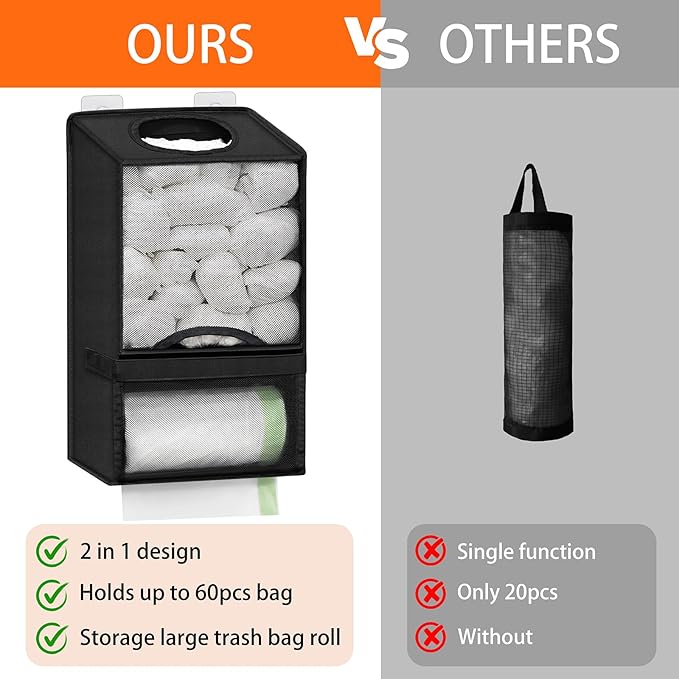 Plastic Bag Holder for Grocery Bags - Large Wall Mount Grocery Bag Holder with Dispenser for Kitchen, Oxford Cloth 2-in-1 Space-saving Plastic Bags Organizer, Black