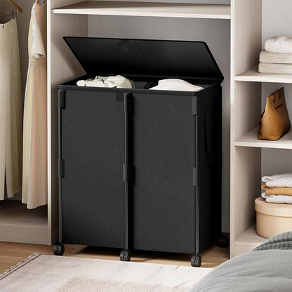 140L Double Laundry Hamper with Lid and 6 Wheels, Rolling Laundry Basket with 2 Removable Bags, Heavy Duty Metal Frame Clothes Cart, 2-Section Laundry Sorter for Bedroom, Bathroom (Black)