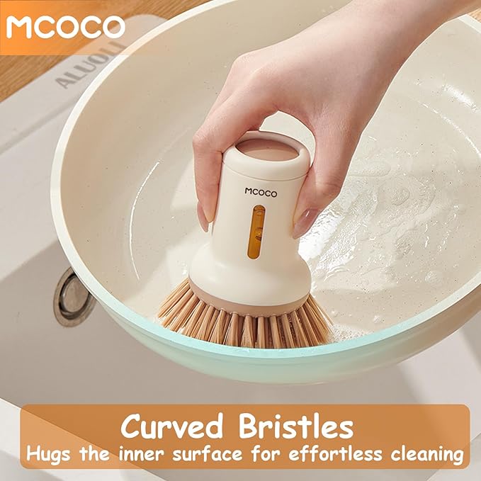 Soap Dispensing Palm Brush Scrub Brush with Soap Dispenser Palm Dish Brush Soap Dispenser Brush Dish Scrub Brush for Kitchen Cleaning, Pan, Pot, Sink 2 Pack White