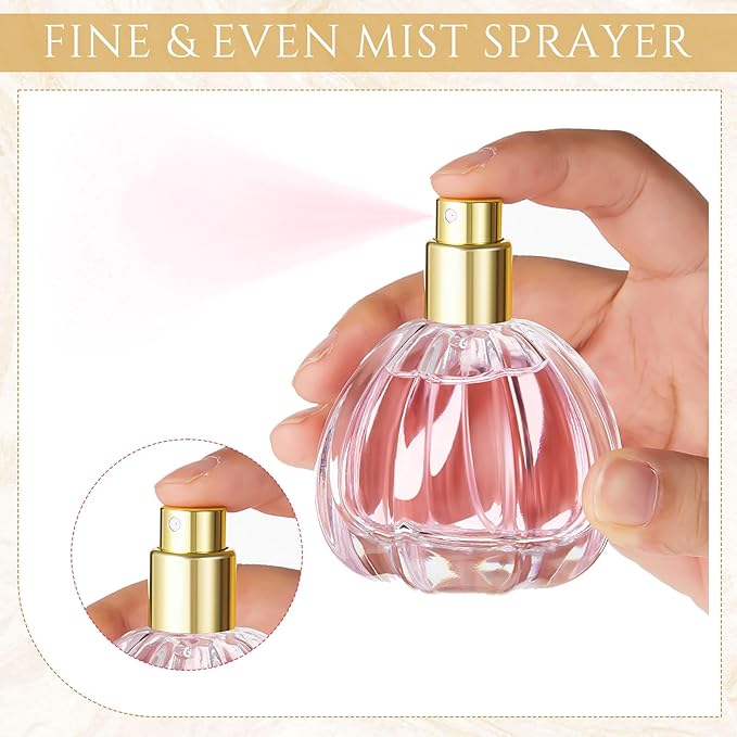 Teenyyou 12 Pack 50ml/1.7oz Refillable Glass Perfume Spray Bottles, Empty Crystal Glass Fragrance Spray Bottles Bulk, Vintage Atomizer with Refill Tool for Travel, Home Decor(Pumpkin Gold)