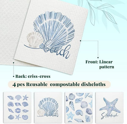Beach Ocean Swedish Dishcloths for Kitchen, Shells Swedish Dish Cloths for Ocean, 4 Pack Dish Towels for Kitchen, Papaya Reusable Paper Towels Washable