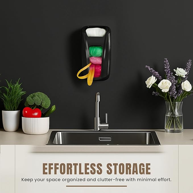 KICHLY Plastic Bags Holder, Durable Grocery Plastics Dispenser, Storage Organizer & Saver for Grocery, Shopping & Trash Bags, Wall Mount, Black