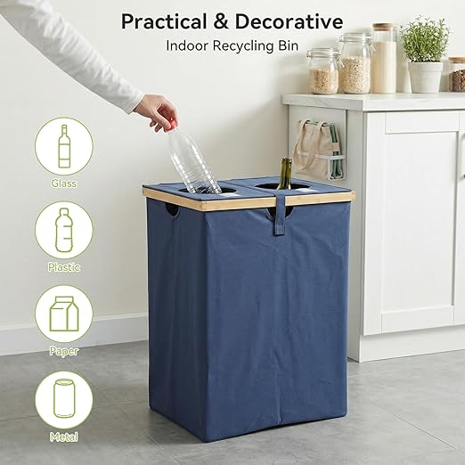 OTraki 140L Recycling Bin for Kitchen Indoor Home, 2 Compartments Large Home Recycle Bin with Lid with 2 Removeable and Reusable Inner Bag for Bottle Can Glass Waste Plastice Stickers