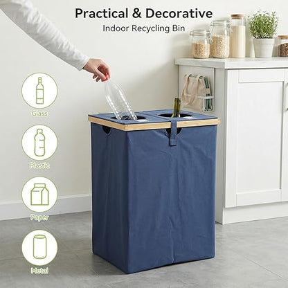 OTraki 140L Recycling Bin for Kitchen Indoor Home, 2 Compartments Large Home Recycle Bin with Lid with 2 Removeable and Reusable Inner Bag for Bottle Can Glass Waste Plastice Stickers