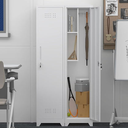 GREATMEET Slim Metal Utility Cleaning Storage Cabinet with Single Door, Narrow Tool Organizer for Brooms, Mops & Cleaning Supplies, Garage & Laundry Room Use, White
