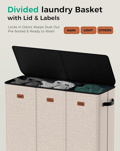 185L Laundry Hamper with Lid, 3 Section Laundry Sorter, Dirty Clothes Hamper with 3 Removable Bags, Extra Large Collapsible Laundry Basket for Home, Laundry Room