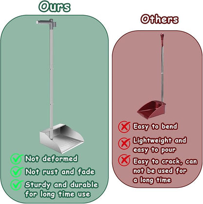 Metal Dust Pans with Long Handle,Heavy Duty Dust Pan with Handle,Upright Stand Up Dustpan with Dust Pan Teeth to Clean Hair for Home Kitchen Office Lobby Floor Garden