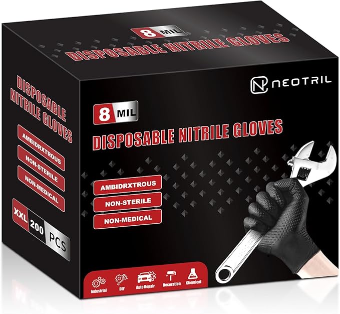 NEOTRIL 8 Mil Heavy Duty Disposable Nitrile Gloves with Diamond Texture Grip Rubber Gloves Latex & Powder Free