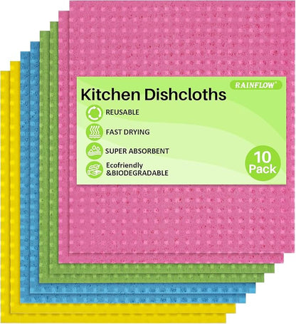 RAINFLOW Swedish Dishcloths 10 Pack - Reusable Paper Towels, Dish Cloths for Washing Dishes, Swedish Dishcloths for Kitchen,Cleaning Cloths, Sponge Cloth Super Absorbent Quick Dry Kitchen Towels
