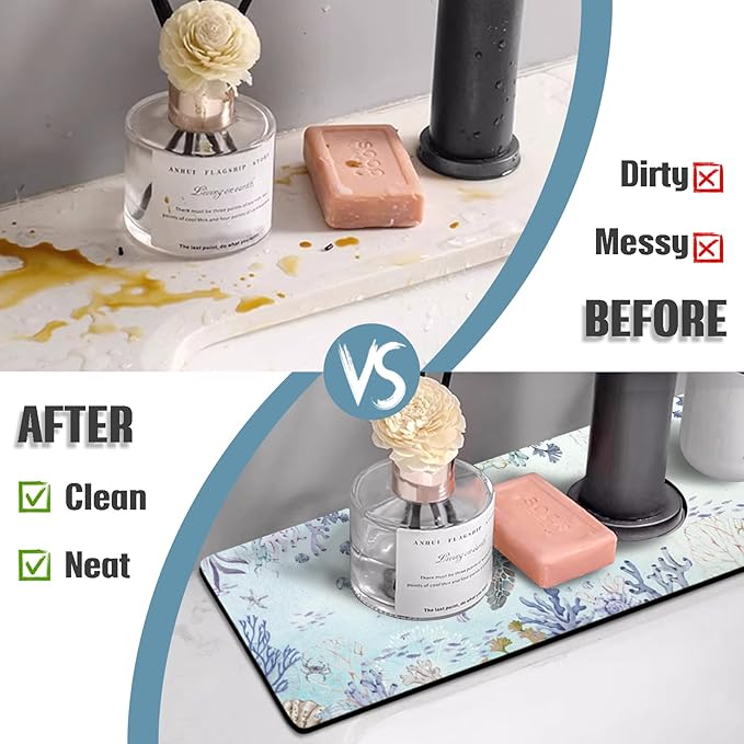 Sink Faucet Absorbing Mat, 2 Pack Drying Mat Around Faucet Sink Splash Guard Behind Faucet Sinkmat For Kitchen Bathroom Island Rv 24 * 5.5 Inch (60 * 14 cm)