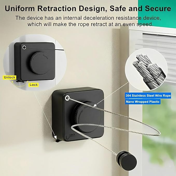13.8ft(4.2M) Retractable Clothesline, Non-sag Clothesline, Indoor & Outdoor Heavy Duty Retractable Clothesline, Wall Mounted Stainless Steel Washing Line (Black)