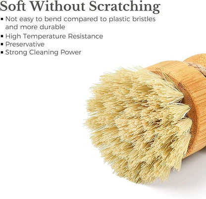 Bamboo Dish Brush, Eco Friendly Sisal Scrubber Brush with Ceramics Holder-Wooden Brush for Pot,Dish and Vegetables (Ceramic Dish+ 2P Sisal)