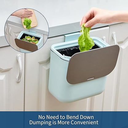 1.8 Gallon Kitchen Compost Bin for Counter Top or Under Sink, Hanging Small Trash Can with Lid for Cupboard/Bathroom/Bedroom/Office/Camping, Mountable Indoor Compost Bucket - Green