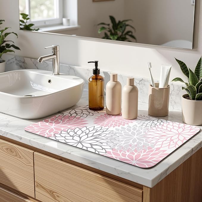 Findosom Dish Drying Mat, 12" x 20" Super Absorbent Dish Mat with Floral, Hide Stain Drying Mat for Kitchen Counter, Under Dish Rack, Coffee Maker, Espresso Machine, Pink