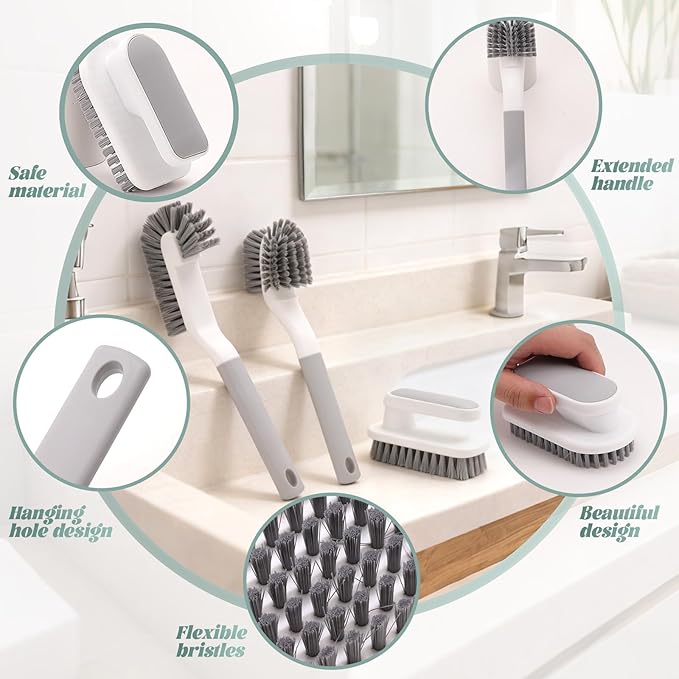 3-Piece Multi-Functional Cleaning Brushes Set - Shoe Brush, Laundry Brush, Scrub Brush for Bathroom, Toilet, Kitchen, Durable Bristles, Comfort Grip Handles