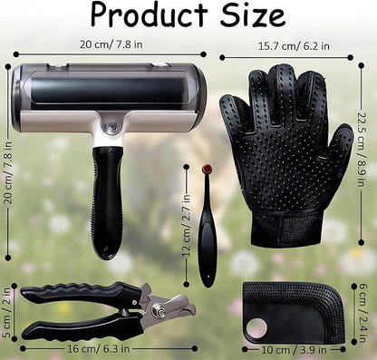 Pet Hair Remover Roller with Grooming Glove, Lint Roller, Nail Clipper, Cleaning Kit, 5-Piece Set