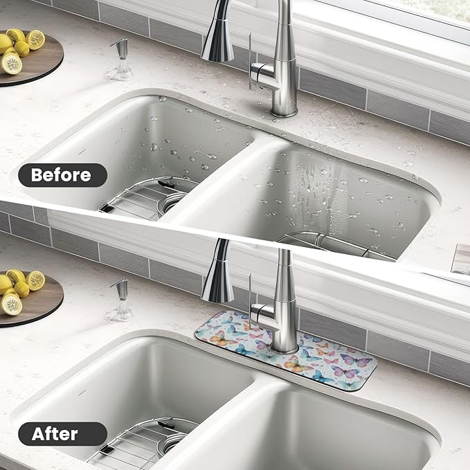 Butterfly Butterflies Kitchen Sink Splash Guard Faucet Mat Super Absorbent Fast Drying Mat Sink Gadgets-Fast Drying Pad Sink Mat For Kitchen Bathroom (15" X 5.5" )