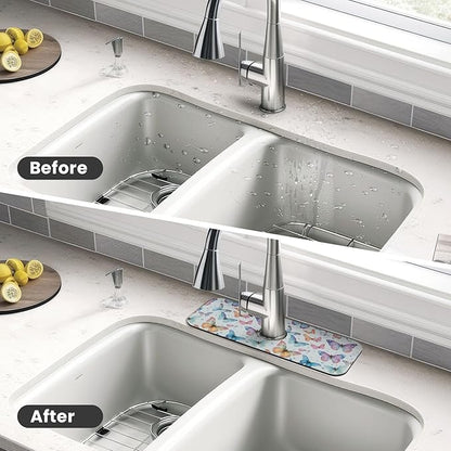 Butterfly Butterflies Kitchen Sink Splash Guard Faucet Mat Super Absorbent Fast Drying Mat Sink Gadgets-Fast Drying Pad Sink Mat For Kitchen Bathroom (15" X 5.5" )