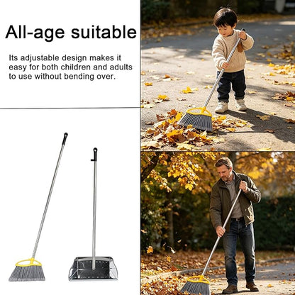 Stainless Steel Dustpan with Outdoor Stiff Bristles Broom,Long Handle Metal Dust Pan and Heavy Duty Broom for Home,Lobby,Office