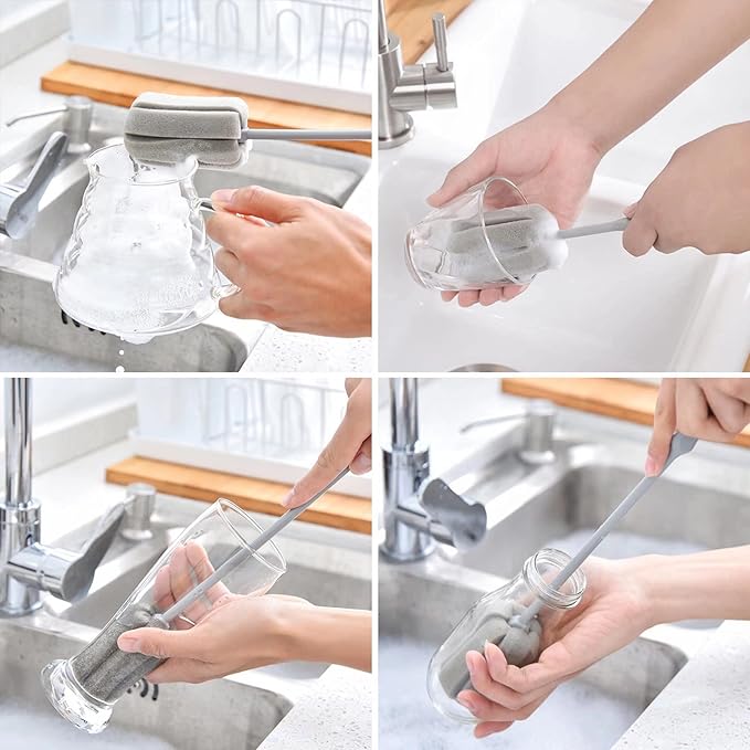 4 Pack Soft Sponge Bottle Cleaner Brush, Grey Plastic Handle Wine Glass Cup Brush Scrubber, Washing Brush Vase Bottle Pot Cleaning Brush with Traceless Hook, Long and Small Size 10” 15”