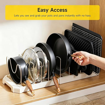 MUDEELA Pots and Pans Organizer under Cabinet, Pot Rack with Expandable Pot Lid Organizers Holder for 10 Adjustable Dividers, Pan Organizers inside Cabinet for Pan Lids, Cutting Boards, Baking Sheets