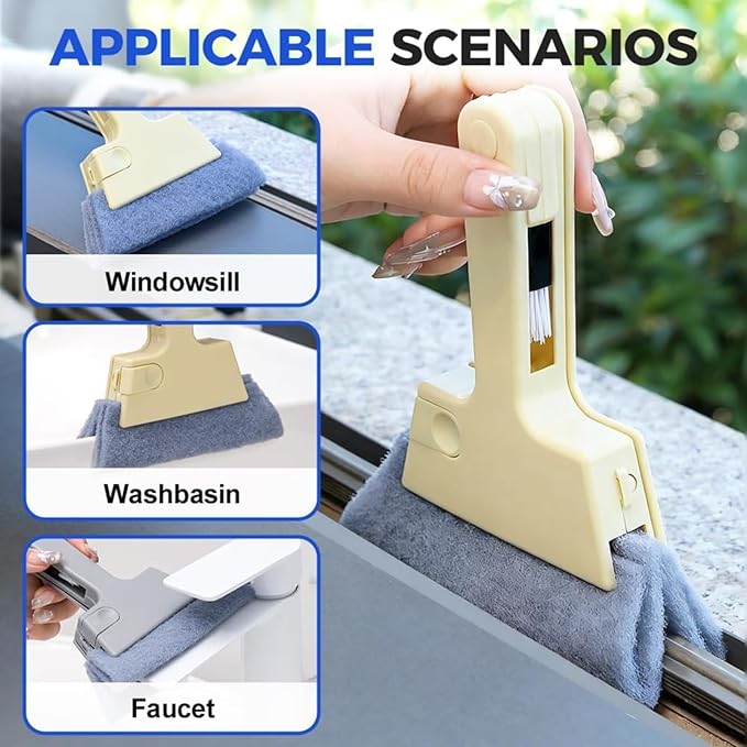 Window Track Cleaner, 4-in-1 Window Groove Cleaning Brush with Scraper and Dust Remover, Multi-Function Gap Cleaning Tool for Window Slider Dead Corners and Grime Removal, 5.31 x 6.3 Inch (Yellow 3)