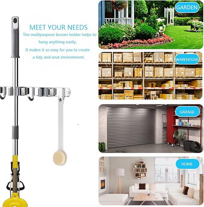 Mop and Broom Hanger Wall Mount, stainless steel Broom Hook Organizer Wall Mounted, Heavy Duty Mop Holder Storage Rack - 3 Racks 4 Hooks for hanging brooms and mops