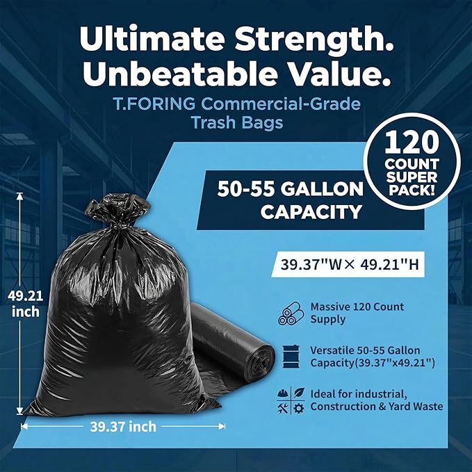 50-55 Gallon Black Trash Bags 120 Count - 40''x50'' Extra Large 50+ Gallon Garbage Bags,Unscented Strong Huge Can Liners for Construction Industrial Yard Outdoor Commercial