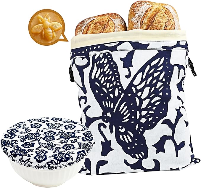 Beeswax Bread Bag XL 13x17in with Removable Lining Bowl Cover 10in Reusable Sourdough Bread Bags for Homemade Bread Storage Cotton Wax Wrap Asian Plant Batik