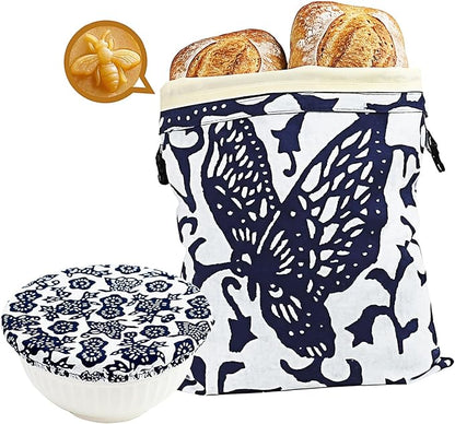 Beeswax Bread Bag XL 13x17in with Removable Lining Bowl Cover 10in Reusable Sourdough Bread Bags for Homemade Bread Storage Cotton Wax Wrap Asian Plant Batik