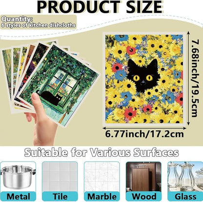 6Pcs 6 Styles Swedish Dishcloth Bulk Reusable Quick Drying Absorbent Sponge 7.7 x 6.8 Inch for Kitchen Countertop Cleaning, Cat Swedish Dish Towel for Dishes Home Tableware Bathroom Use