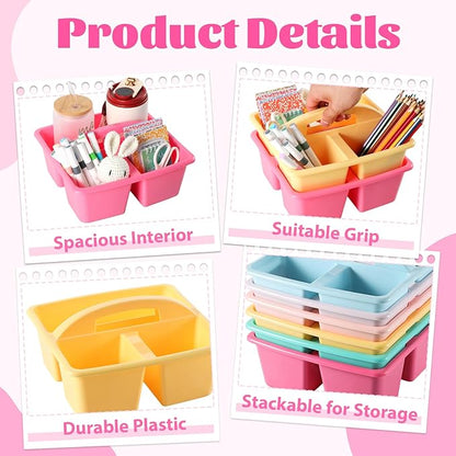 6 Pack 3 Compartment Small Caddy Plastic Classroom Organizer with Handle Portable Teacher Supply Storage Caddy Craft Art Caddies for Pencil, Crayon, Marker, Home, Office, School Supplies(Pastel)