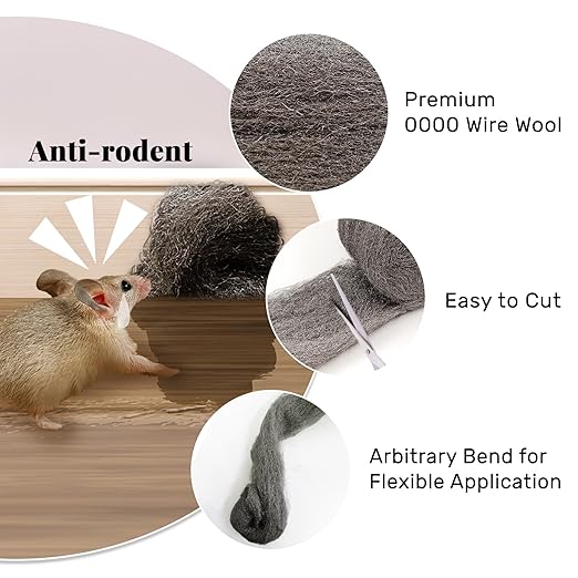 Daily Treasures 2pcs Steel Wool with Nitrile Material Gloves and Large Contact Shovel, Sharp to Prevent Rodents Steel Wool Mice Control, Rodent Control Excluder Mesh for Cracks Vents in Garden House