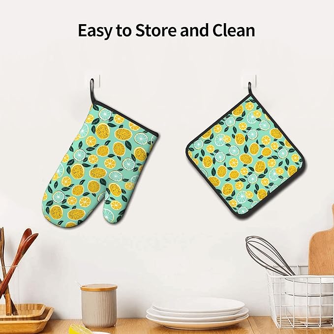 Lemon Pot Holders and Oven Mitts - Summer Teal Lime Refreshing Oven Glove Hot Pads for Kitchen Chef Gifts for Cooking Lover Cooks