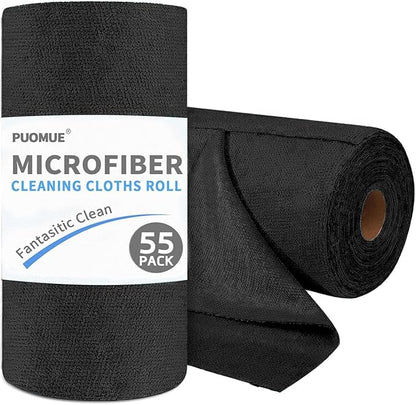 Puomue 55 Pack Microfiber Cleaning Cloth Roll, Tear Away Reusable Towels, 11" X 9", Ultra Absorbent & Lint Free Microfiber Cloth for Cleaning Cars, Kitchen, Window, Home and Shop, Black